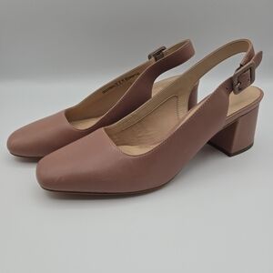 Clarks Cushion Plus Leather Sheer Violet Sling Back Block Heels Shoes Size 10